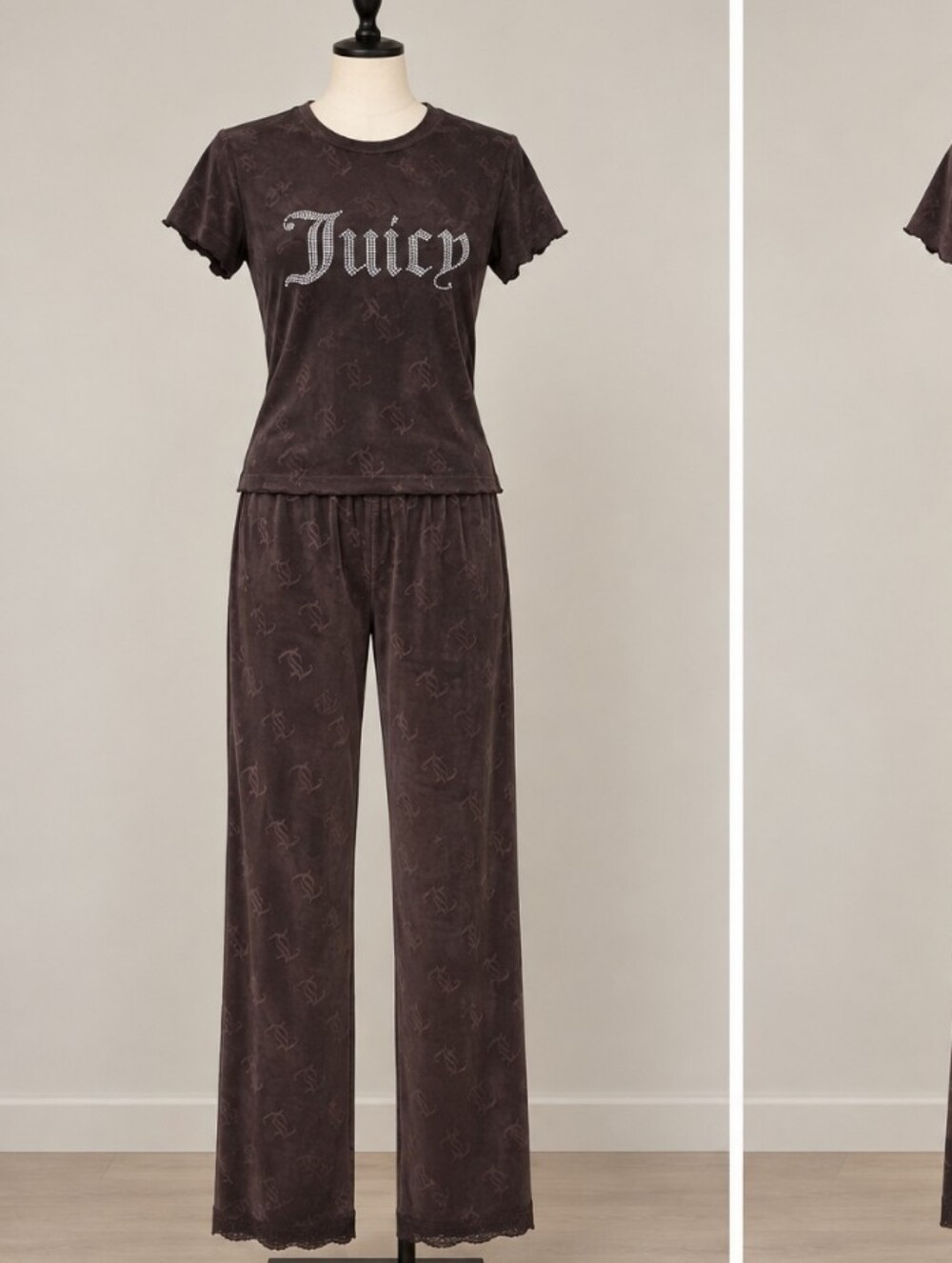 Juicy Couture 2 Piece Set Brown Velour Wide-Leg Lounge Pants And Shirt